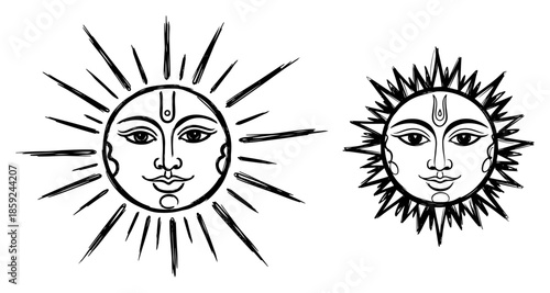 Stylized sun face with traditional Indian markings black and white vector illustration representing Lord Surya or spiritual energy