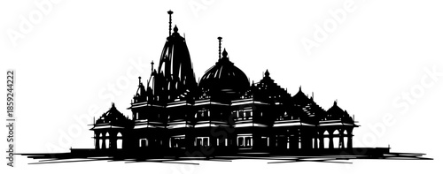 Traditional Hindu temple complex architecture sketch with domes and spires vector illustration