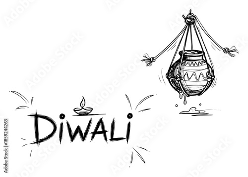 Hand written Diwali festival typography text with diya lamp and hanging Dahi Handi pot vector sketch