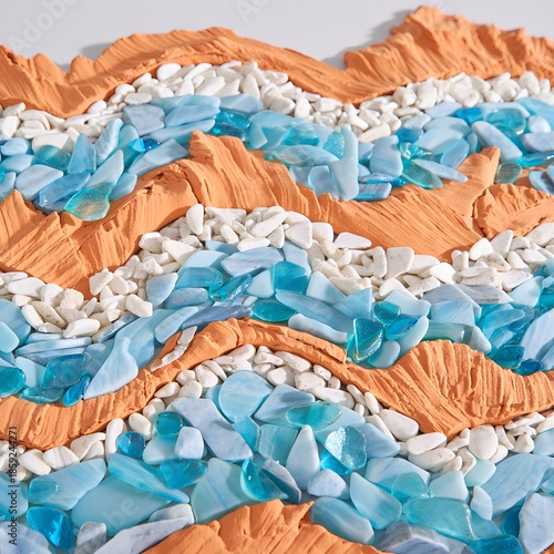 Abstract wall art featuring wavy patterns of blue glass and white stones