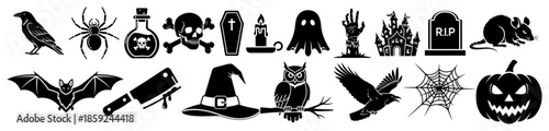 Halloween icon set vector illustration featuring spooky black silhouettes like skull bat ghost and pumpkin arranged in a horizontal border