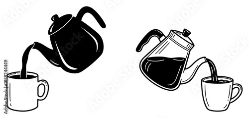 Coffee and tea preparation vector illustration showing a kettle and a glass pot pouring hot liquid into mugs in black and white sketch style
