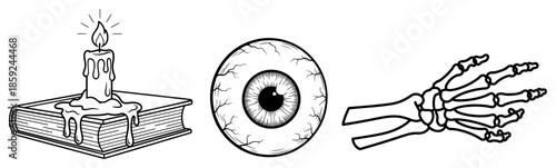 Spooky halloween objects vector illustration featuring a melting candle on a spellbook a realistic eyeball and a skeleton hand in line art style