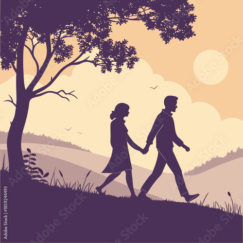 Couple walking in nature at sunset
