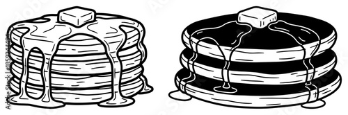 Delicious stack of pancakes with melting butter and dripping maple syrup black and white vector line art illustration set for breakfast menu design