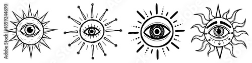 Mystic Sun Eye Icons Set – Hand Drawn Esoteric Sketch Vector Illustration