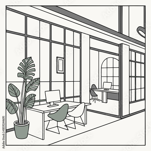 Modern office space with large windows