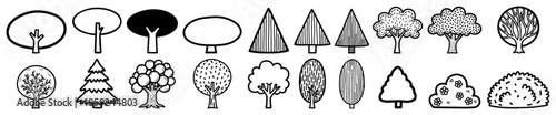 Set of simple tree and bush icons vector illustration for architectural or landscape design featuring various plant shapes in black and white style