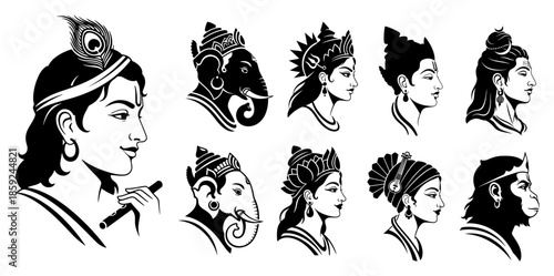 Set of Hindu deity profile portraits including Krishna Ganesha Shiva and Hanuman vector silhouette illustration collection