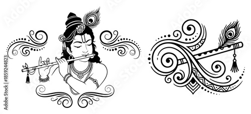 Lord Krishna playing flute with decorative swirls and peacock feather vector line art illustration for spiritual design