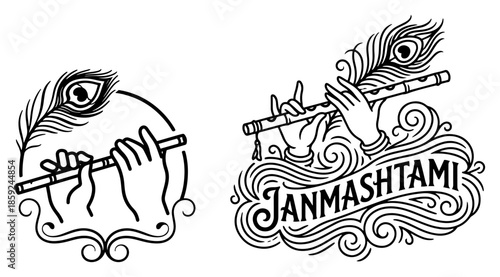 Krishna Janmashtami festival typography design with hands playing flute and peacock feather vector line art illustration