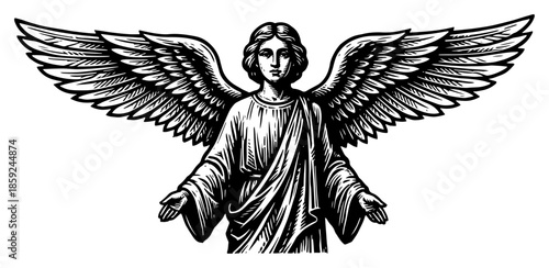 Vintage woodcut style angel figure with large wings and open arms vector engraving illustration