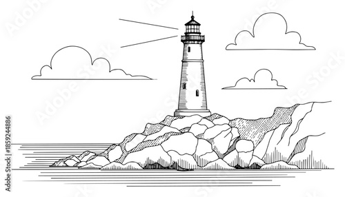 Lighthouse on rocky cliff coastline with ocean waves and clouds vector line art sketch