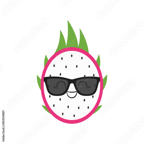 Half a pitaya, cute tropical dragon fruit, fun cartoon character, big eyes, happy smiling face, kawaii style, icon vector illustration.