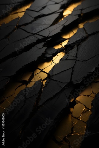 Cracked dark surface reflects golden light creating intricate patterns
