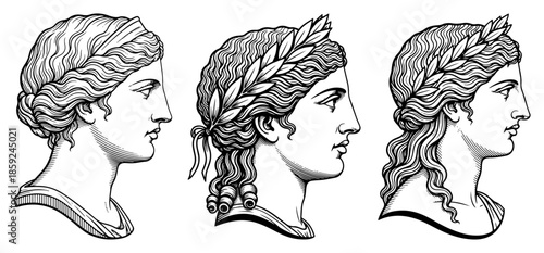 Greek Goddess Profiles Set – Detailed Classical Female Portraits Line Art Vector Illustration
