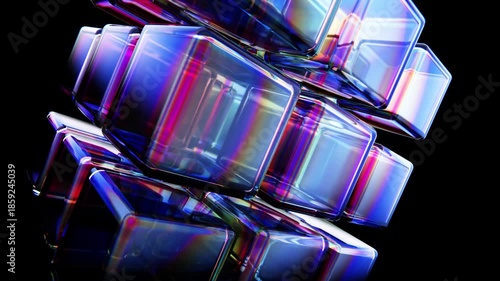 Abstract iridescent glass cubes rotating in a seamless loop with chromatic dispersion effects
