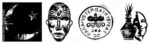 Islamic moon and star emblem, tribal mask, vintage seal, abstract face design