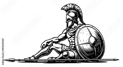Ancient greek spartan warrior resting on the ground with shield and spear in detailed black and white vector illustration style