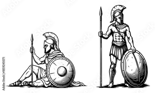 Set of two ancient greek warrior poses vector illustration showing standing and sitting soldiers with spears and shields in sketch style