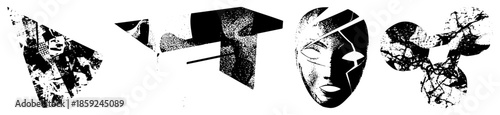 abstract fragmented faces and forms in black and white