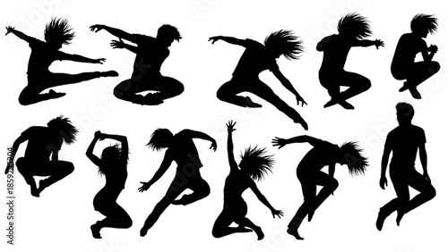 Dynamic silhouettes of young dancers in various expressive poses against a white background isolated on transparent background