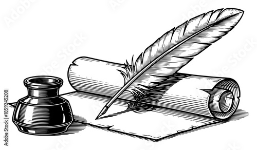 Vintage feather quill pen with inkwell and paper scroll vector engraving illustration