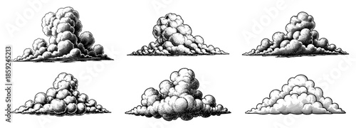 Set of fluffy cloud illustrations in vintage engraving style black and white vector sky elements collection