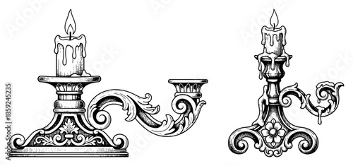 Antique ornamental candle holders with melting wax candles vector engraving illustration