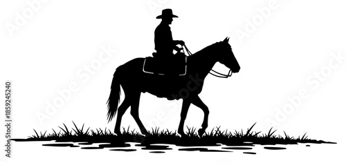 Silhouette of western cowboy riding horse across grassy field vector illustration