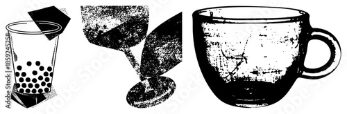 Three drink containers with textured black and white vector style