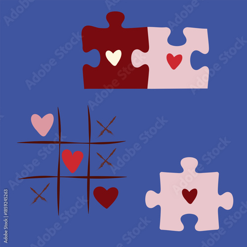 Valentine's Day puzzle and tic-tac-toe vector. Heart jigsaw with a missing piece and romantic game icons. Flat cartoon illustrations for 14 February, connection, and love-themed digital designs.