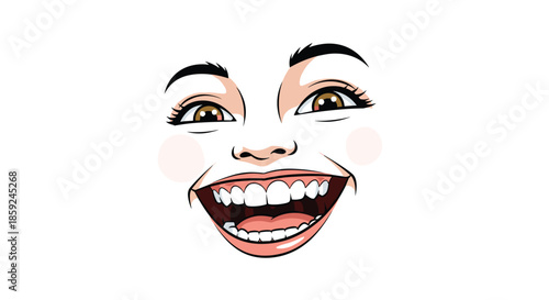 Close up of an expressive cartoon character face with wide eyes and a huge open mouthed laugh on a plain white background.