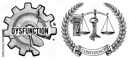 Broken gear labeled dysfunction versus scales of justice with confidence banner