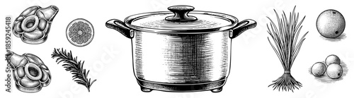 Cooking pot with garlic lemon rosemary and eggs