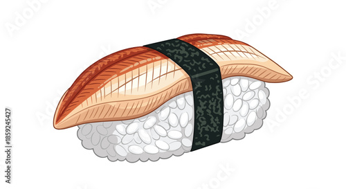 Unagi nigiri sushi featuring grilled eel atop vinegared rice secured by a nori seaweed strip on a white background.