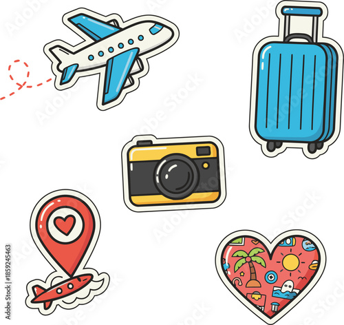 Cute cartoon travel stickers featuring an airplane a suitcase a camera and vacation elements