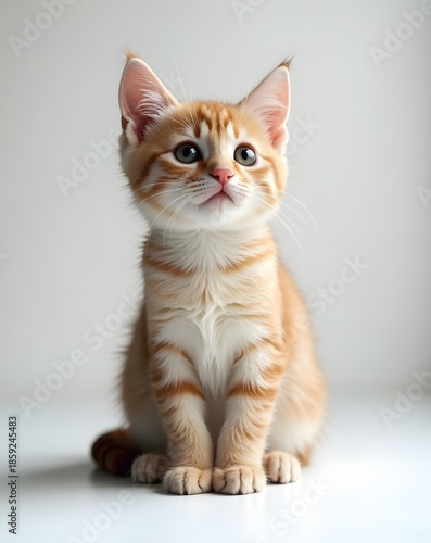 Cute tabby kitten sitting calmly and looking at the camera, isolated on a clean light background. Perfect for pet, animal, cute, and lifestyle concepts.