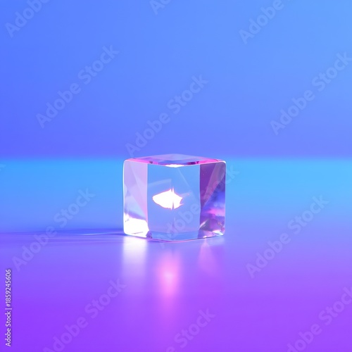 Small fish encased in a transparent glass block on a neon-lit gradient background