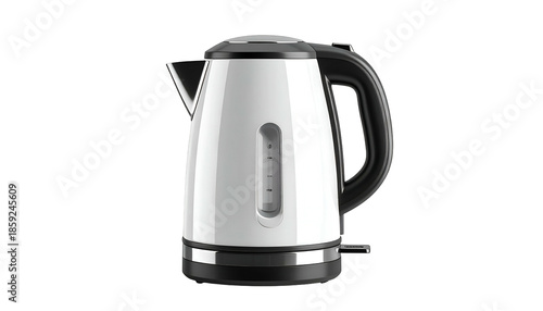 A modern white electric kettle with black accents, spout, and a water level indicator