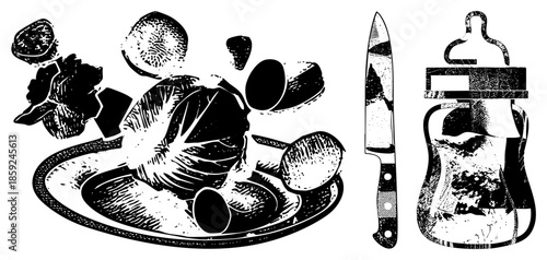 food preparation tools and ingredients