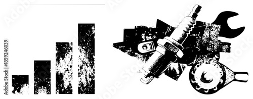 bar chart rising alongside mechanical tools