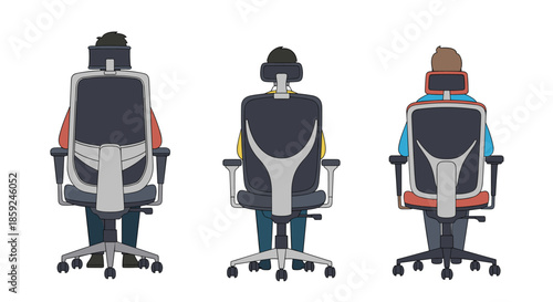 Rear view illustration of three different people sitting in ergonomic office chairs focusing on healthy posture and workspace comfort.