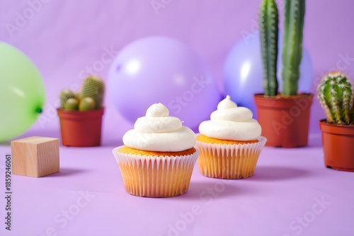 Two cupcakes with frosting on a purple background surrounded by balloons and potted cacti