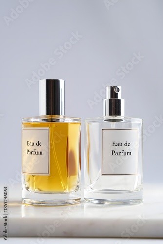 Two elegant perfume bottles labeled Eau de Parfum are displayed on a sleek surface