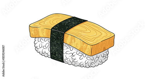 Tamago nigiri sushi featuring a sweet Japanese omelet piece on top of vinegared rice wrapped with a nori seaweed strip.