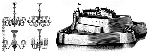 chandeliers and fortress illustration