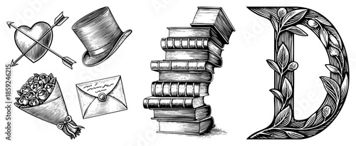 romantic love letters books and decorative letter D