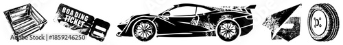 race car ticket crate wheel vector set