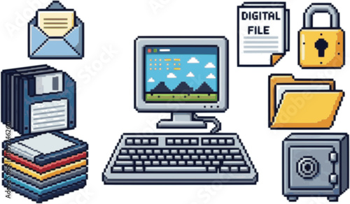 Pixel art computer icons. Tech devices, pixelated computer keyboard and screen, digital file, retro disk, security lock, email, safe and folder symbols. Office equipment 8 bit vector set.